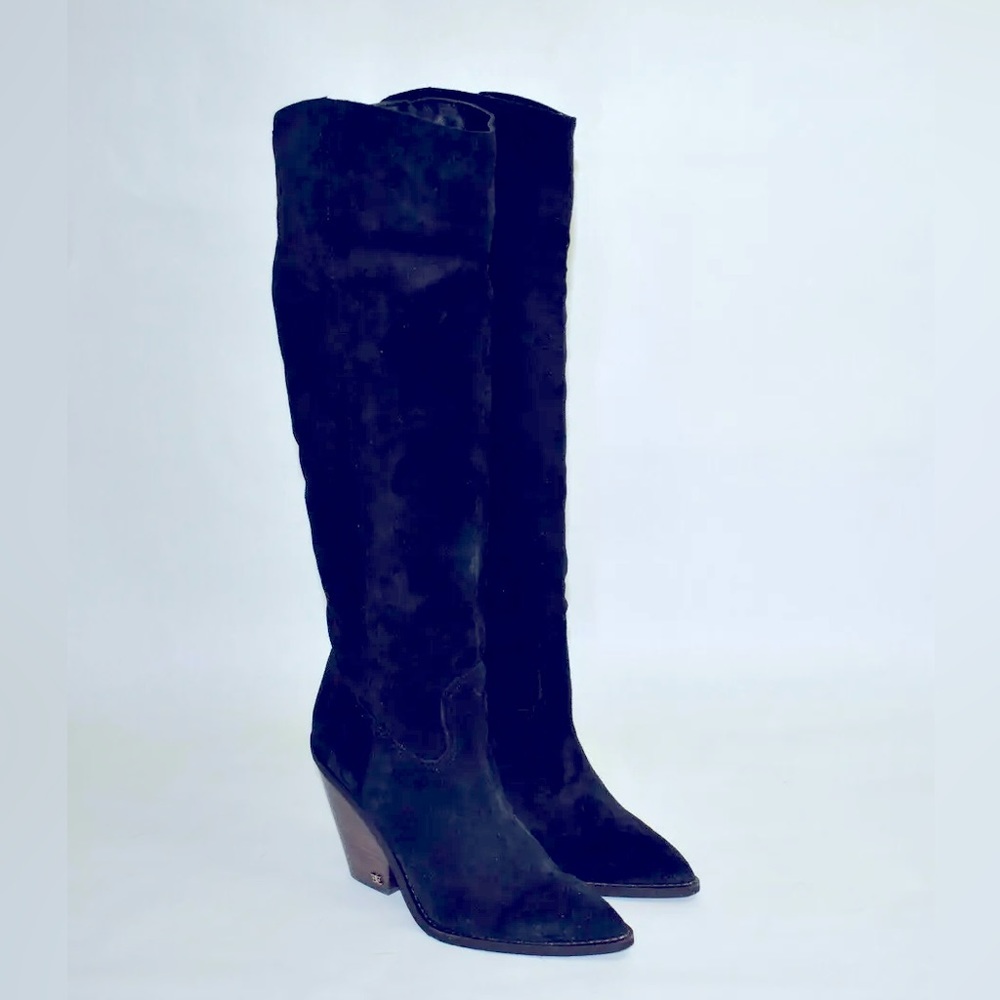 Sam Edelman Indigo Black Suede Pointed Toe Knee High Pull On Boots Women 7.5M